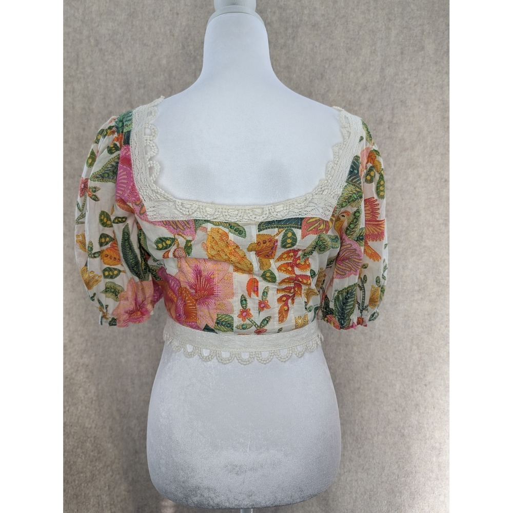 Farm Rio Floral Lace Trim Crop Top Puff Sleeve Button Front XS Multi Color - Picture 2 of 4
